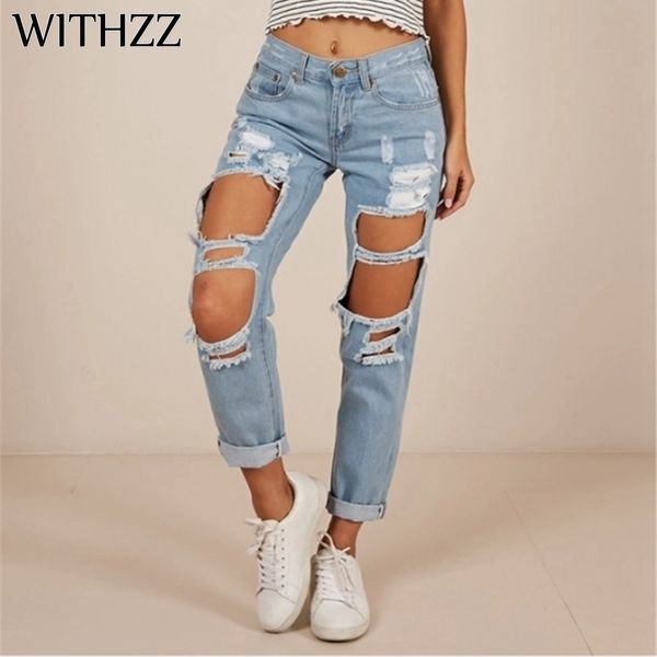 Withzz kadın moda delik yırtık denim çizik düz pantolon kadın pantolon kot 201105