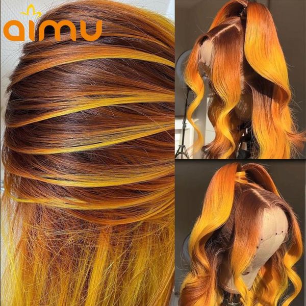 

lace wigs highlight ginger 13x6 closure front ombre orange hd frontal human hair pre plucked baby wig for women, Black;brown