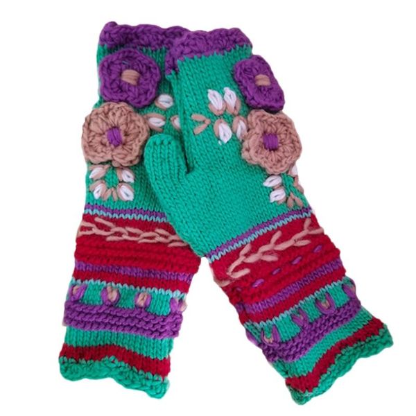 

women winter vintage multicolor knitted fingerless gloves fake sleeve ethnic colorful crochet floral half finger mittens, Blue;gray