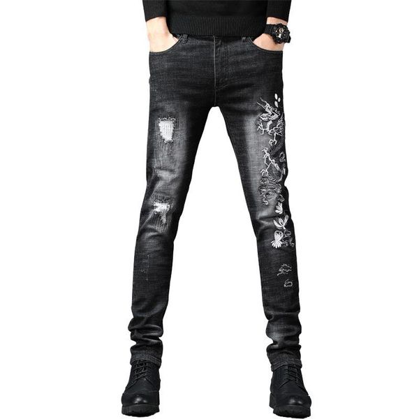 

dragon embroidery denim jeans men slim fit biker zipper skinny frayed male hole pencil pants distressed ripped trousers, Blue