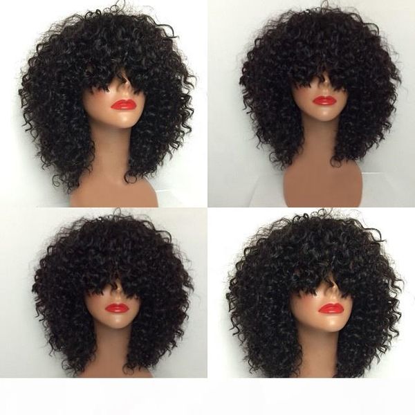 

kinky curly bob wigs glueless brazilian human hair full lace wigs with bang 130% african american lace front wigs 12inch, Black;brown