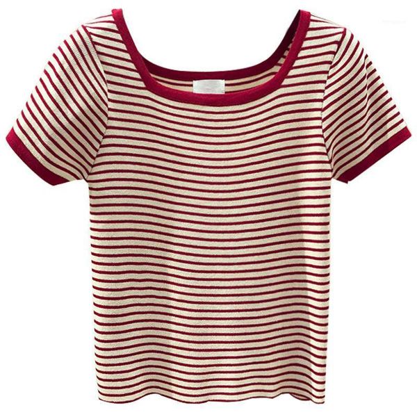 

square collar stripe short sleeve women 2020 new outfit korean version shirt t-shirt early spring, White