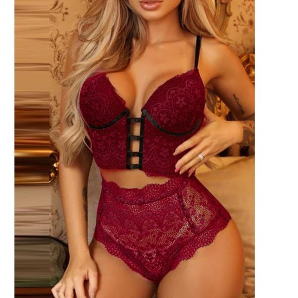

women's underwear lace wireless bra sets lingerie sets hollow bandage thong set solid color bielizna damska brassiere, Red;black