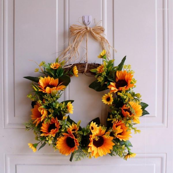 

artificial sunflower rattan wreath garland green leaves door decoration window wall hanging flower wreath farmhouse home decor1