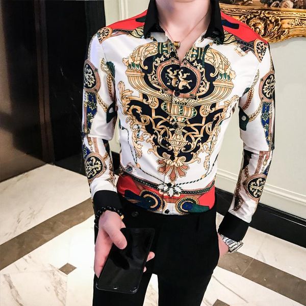 

2019 male business printing shirts baroque slim fit party club shirt men camisa homem luxury long sleeve shirt plus size 4xl1, White;black