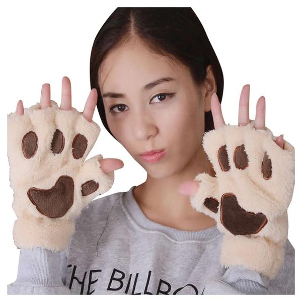 

five fingers gloves women girls lovely winter warm fingerless fluffy bear cat plush claw half finger mitten hanging neck #yj, Blue;gray