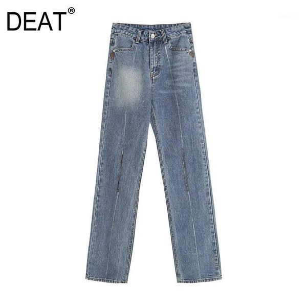 

deat] 2020 spring autumn new fashion tide streetwear straight leg pants loose hole high waist casual women jeans 13u9631, Blue