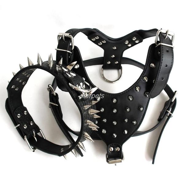 

spiked studded leather dog harness chest 26\"-34\" & spiked leather collar for mastiff pitbu jllnke