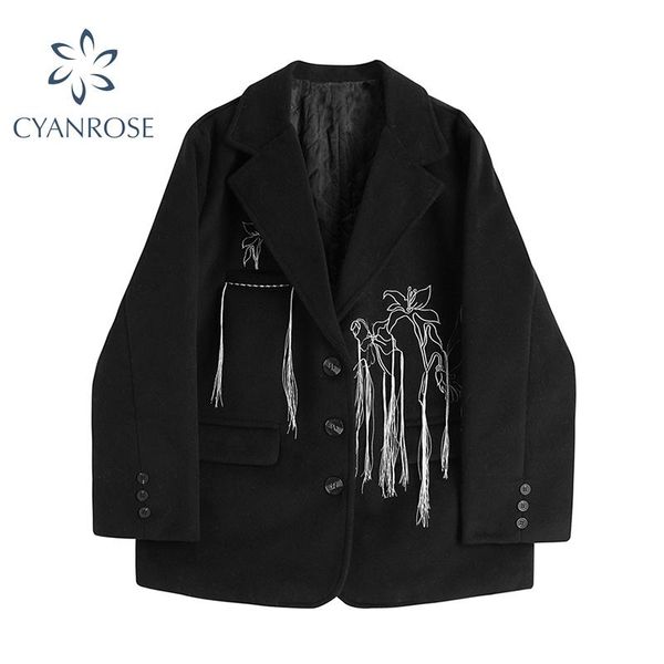 

women's suits & blazers black woolen blazer jacket women embroidery floral tassel design single breasted coat 2021 spring vintage femal, White;black