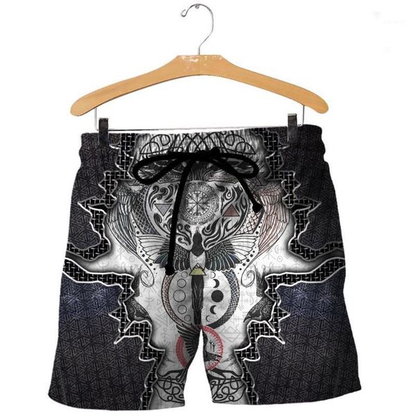 

viking odin tattoo full printed mens shorts streetwear elastic waist shorts summer beach harajuku casual have belt1, White;black