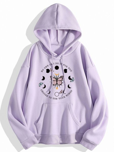 

slogan & butterfly print drawstring thermal lined hoodie 35py#, White;black