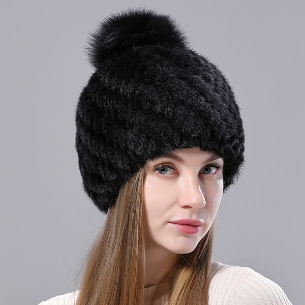 

natural vison chapus para mulheres gorros malha forro l pompom quente feminina inverno chapu de pele raposa, Blue;gray