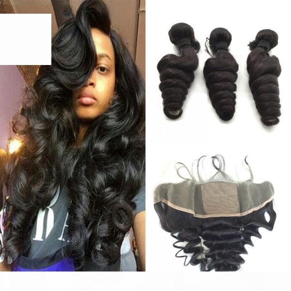 

malaysian loose wave hair with silk base frontals 4pcs lot parting silk full lace frontal 13x4 with hair weave bundles, Black