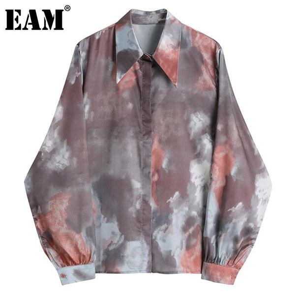 

women's blouses & shirts [eam] women geometric pattern vintage blouse lapel long sleeve loose fit shirt fashion tide spring autumn 2021, White