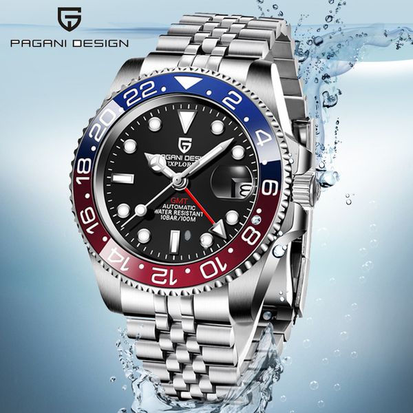 

pagani design 2020 new 40mm blue-red ceramic bezel sapphire gmt luxury automatic brand mechanical men's waterproof watch clock q1129, Slivery;brown