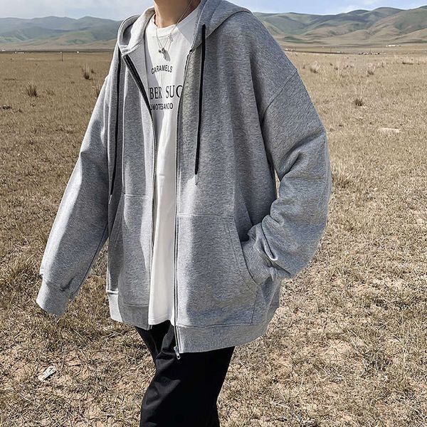 

20 autumn new style pure color hooded sweater men's trend loose casual sportswear cardigan, Gray