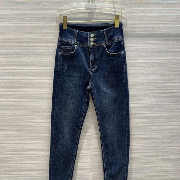 

high-end cotton denim pants long for women 2020 early autumn new casual all-match high-waisted slim fleece frayed jeans trousers y1214, Blue