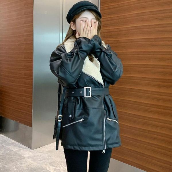 

women's fur & faux 2021 sheepskin shearling winter coat women black warm motorcycle street soft lamb leather jacket with belt