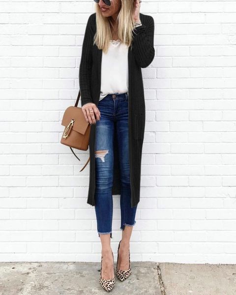 

women long sleeve knitted cardigan coat loose casual sweater outwear jackets coats early autumn thin slim outwears1, Black;brown