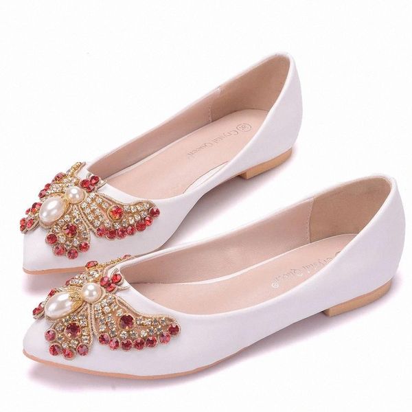 

white butterfly wedding shoes crystal woman luxury beadded rhinestone shoes summer slip-on pointed ballet flats plus size 34~43 #iv6w