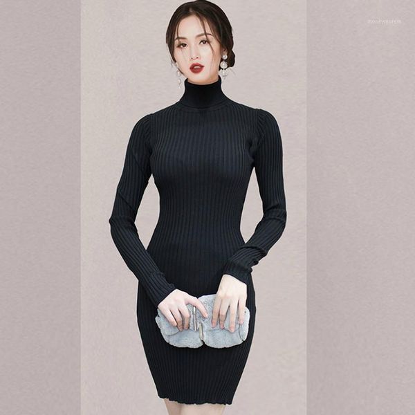 

korea slim turtleneck sheath bodycon long sleeved black knitting sweater mini dresses1, Black;gray