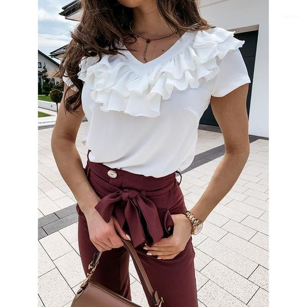

casual slim v neck ruffles elegant women blouse shirt office ladies harajuku solid korean short sleeve summer sj6101e1, White