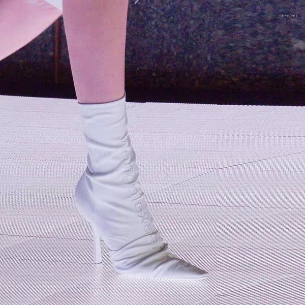 

boots sharp pointed toe women sock elastic stretch shoes silk stiletto high heel zipper fashion brand short1, Black