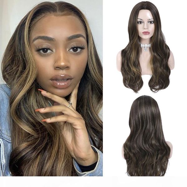

x-tress highlight wig brown honey blonde colored synthetic wig for women layered body wave long middle part hair wigs glueless, Black