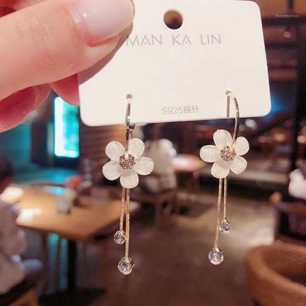 

2020 new trend kpop temperament crystal five-leaf petal hoop earrings long tassel earrings women girl jewelry party brincos1, Golden;silver