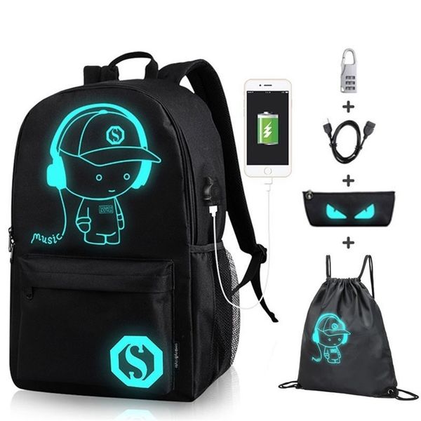 2020 Mochilas de Moda Estudante Sacos de Escola de Animação Luminosa para Menino Menina Adolescente USB Charge Computador Anti-Theft Laptop LJ201029