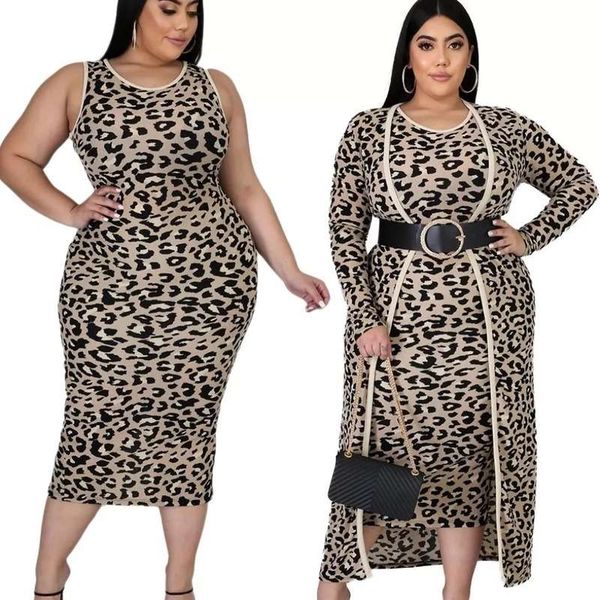 

aw20 fat mm large women's leopard print slim fit two piece cardigan coat + dress, Black;gray