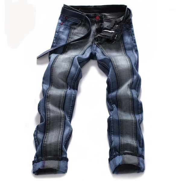 

mcikkny fashion men's stretch jean pants slim fit patchwork denim trousers male streeetwear pants straight1, Blue