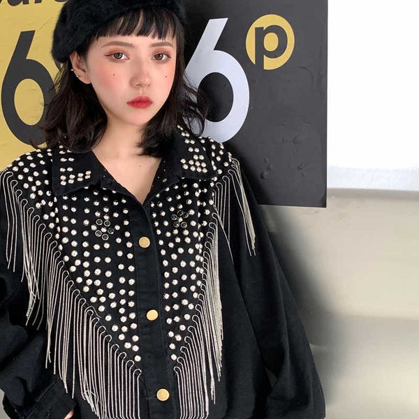 

spring autumn runway denim jacket coat women fashion loose long sleeve diamonds rivet tassel chain short jean coat outerwear 201013, Black;brown