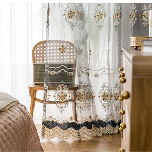 

european luxury embroidery gauze tulle curtains for living room villa window screen sheer for bedroom semi-shading yarn drapes