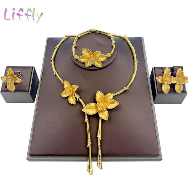 

dubai jewelry gift elegant women flower shape big necklace african bridal wedding bracelet earrings ring fashion jewelry sets, Silver