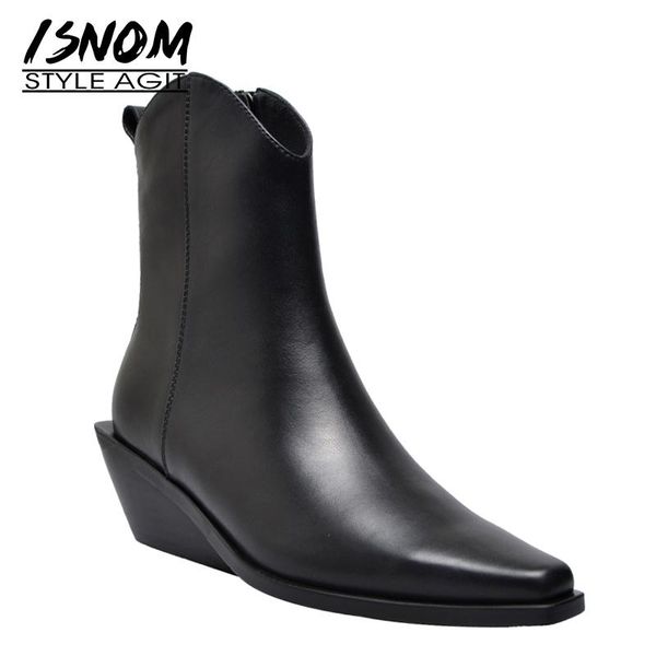 

isnom high heels wood ankle boots women leather booties fashion square toe shoes female strange style zip shoes ladies autumn, Black