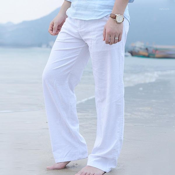 

spring summer men fashion brand cotton linen loose pants casual simple thin white khaki armygreen straight trousers1, Black