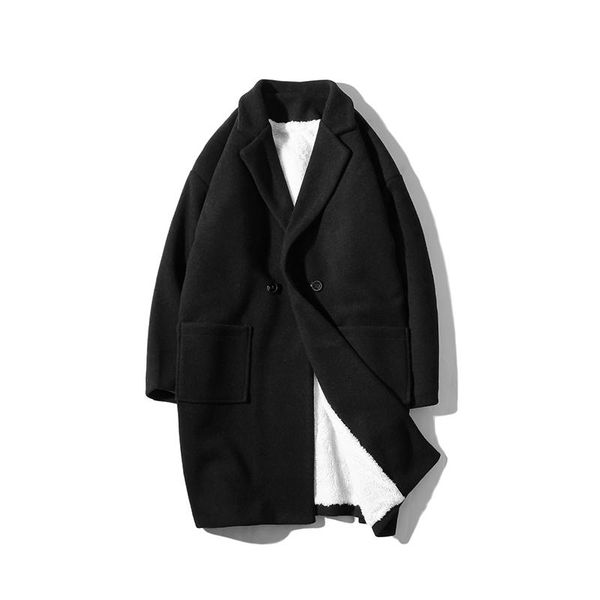 

men's wool & blends notched lapel double breasted long pea coat trench fleece inside sleeve winter jacket overcoat couple wear s-xxl, Black