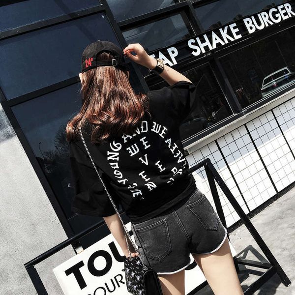 

ss18 new bf style korean women's wear gothic letter print round neck short sleeve medium length t-shirt skirt generation, Black;gray