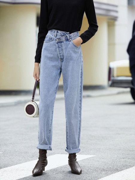 

asymmetrical waist light wash straight leg jeans y8li#, Blue