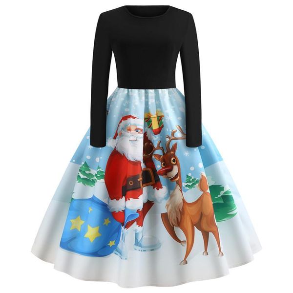 

robe christmas dress women winter dresses 2020 cartoon printed long sleeve robes vintage pin up autumn dress femme, Black;gray
