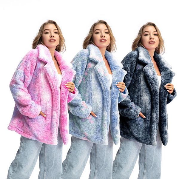 

women's fur & faux winter coat dyed outfits pink tie-dye overcoat plush gradual ladies fashion jacket chaqueta mujer, Black