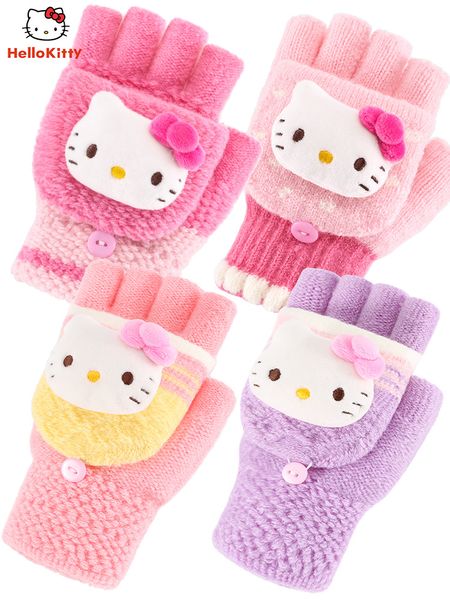 

kitty cat girl's gloves five fingers flip cover winter warm knitting lovely children students children's baby half finger
