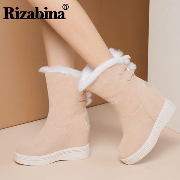 

rizabina genuine leather snow boots women solid color height increasing ankle boots winter warm fur women footwear size 32-401, Black
