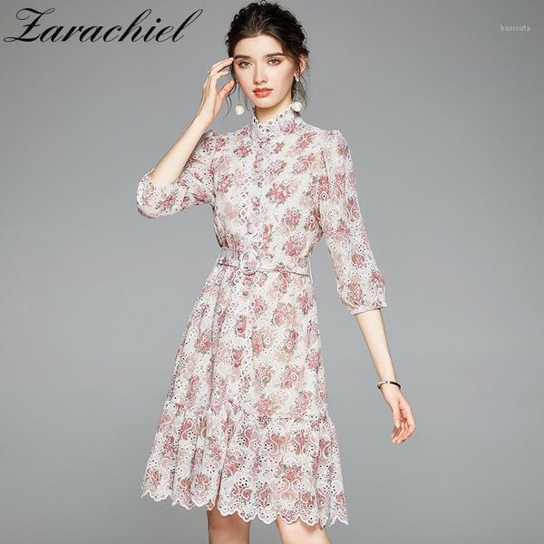 

women autumn elegant hollow out lace dress stand collar single-breasted pink flower embroidery ruffles vestidos with belt1, Black;gray