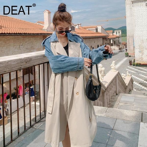 

deat] 2020 women's coat denim patchwork full sleeve loose lacing design trench safari style new autumn fashion clothing am7951, Tan;black