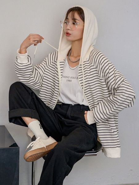 

dazy striped raglan sleeve zip up drawstring hoodie 87fc#, White;black