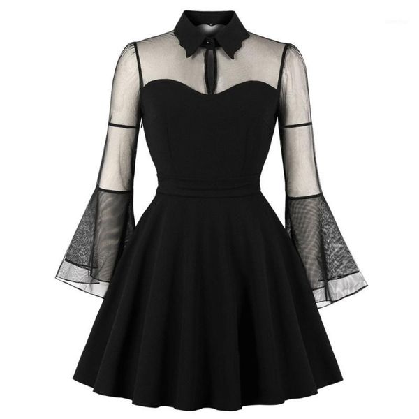 

women black punk gothic dress autumn mini party dresses black flare sleeve mesh see-through plus size vintage retro dress1, Black;gray