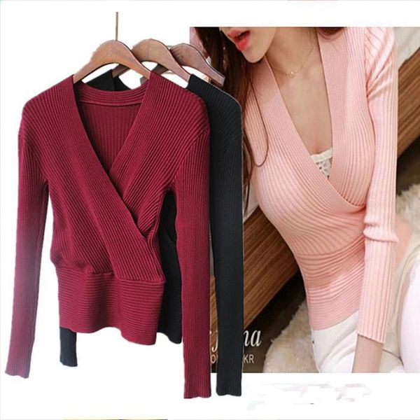 

2019 v-neck women sweater pullovers autumn winter slim solid long sleeve knitted sweater female soft jumper 1, White;black