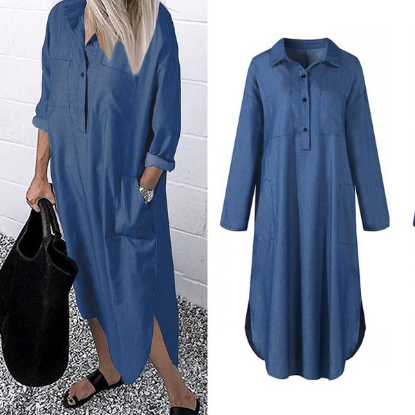 

элегантные женские demin blue sundress zanzea 2020 рубашка платье рубашки осень сплит с длинным рукавом midi vestidos женская кнопка халат п, Black;gray